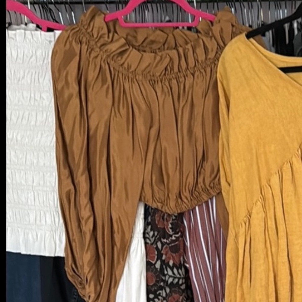 Boheme Goods Brown Silk Crop Top with Long Bishop Sleeves